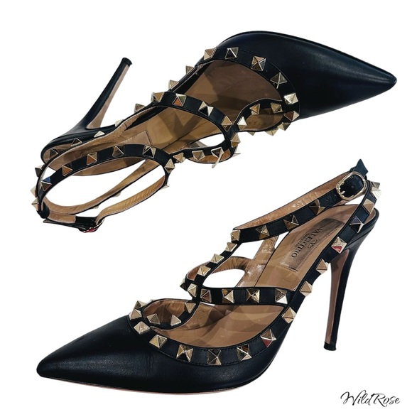 VALENTINO GARAVANI Black Leather Strappy Rockstud Ankle Strap Heels SZ 37 - Picture 6 of 17